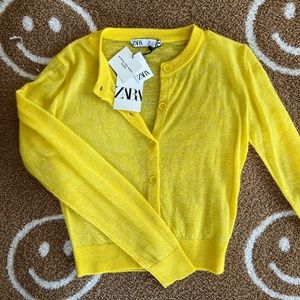 Zara Women's Wool and Alpaca Blend Thin Knit Yellow Cardigan